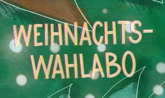 Grafik mit dem Wort ‚Weihnachts-Wahlabo‘ in großen, leicht überlappenden rosa-gelben Buchstaben auf grünem strukturiertem Hintergrund