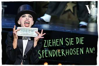 Karte mit Aufschrift "Ziehen Sie die Spendierhosen an!"